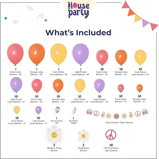 HOUSE OF PARTY Rainbow Balloon Arch Kit – 140Pcs Assorted Color Balloon Garland, Colorful Fiesta Carnival Circus, Birthday Latex Balloons (Hippie Groovy)
