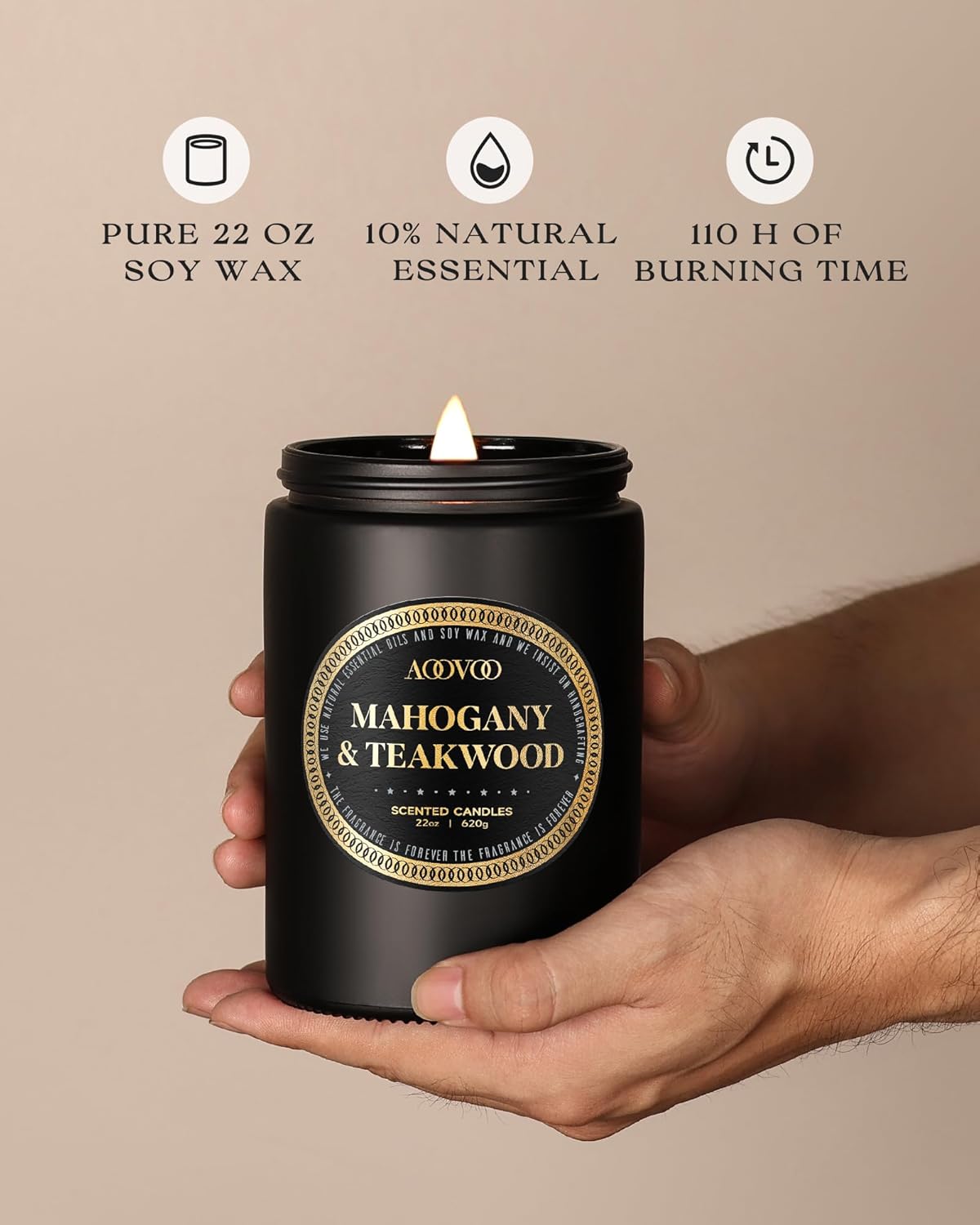 AOOVOO Scented Candles for Men - Large Mahogany & Teakwood Candles for Home Scented | Crackling Wood Wick Soy Candle | Strong Fragranced Masculine Black Candle Gift for Women & Men, 22oz