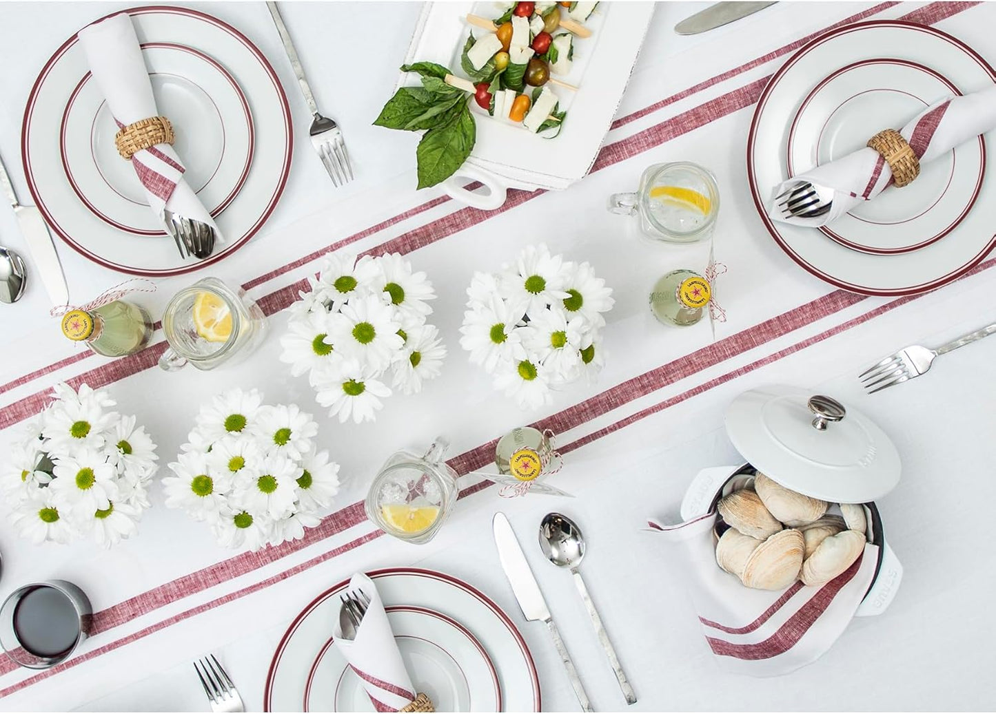 Solino Home Linen Table Runner 90 Inches Long - French Stripe, 100% Pure Linen Burgundy and White Farmhouse Table Runner 14 x 90 Inch Ideal for Dining, Fall, Autumn, Thanksgiving