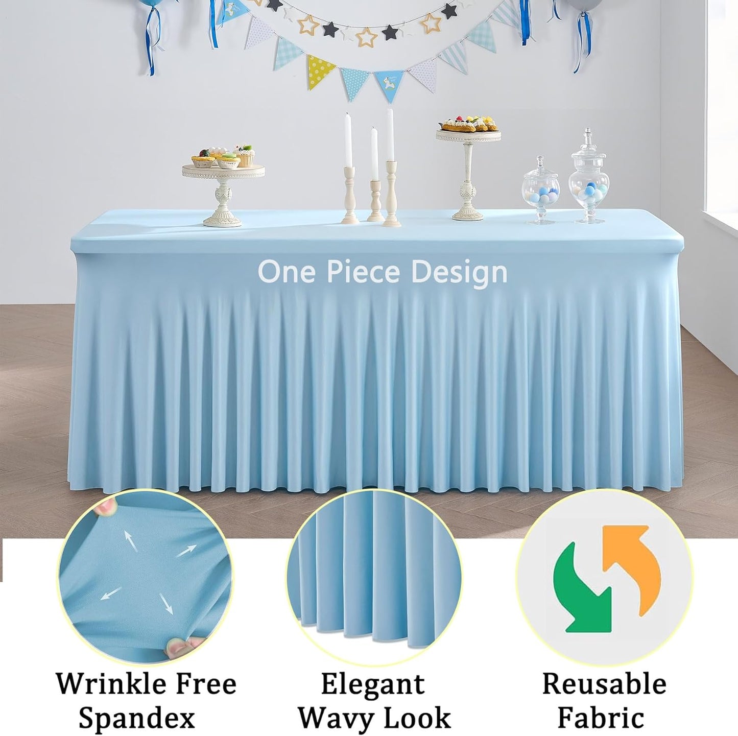 3 Packs Baby Blue Spandex Tablecloths for 6 Foot Rectangle Tables, Stretchy Fitted 6FT Blue Table Skirt for Wedding Party, Wrinkle Free Tablecloths for Banquet Wedding Birthday Party