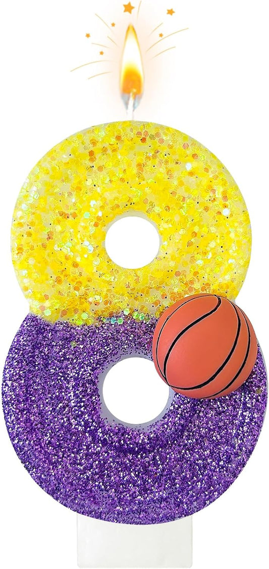 HXOUSE Basketball Number 8 Birthday Candles - Purple Gold Birthday Candles for Cake, 8 Candle for Basketball Theme Cake Topper, Boys Sport Party Decorations Gifts (No.8)