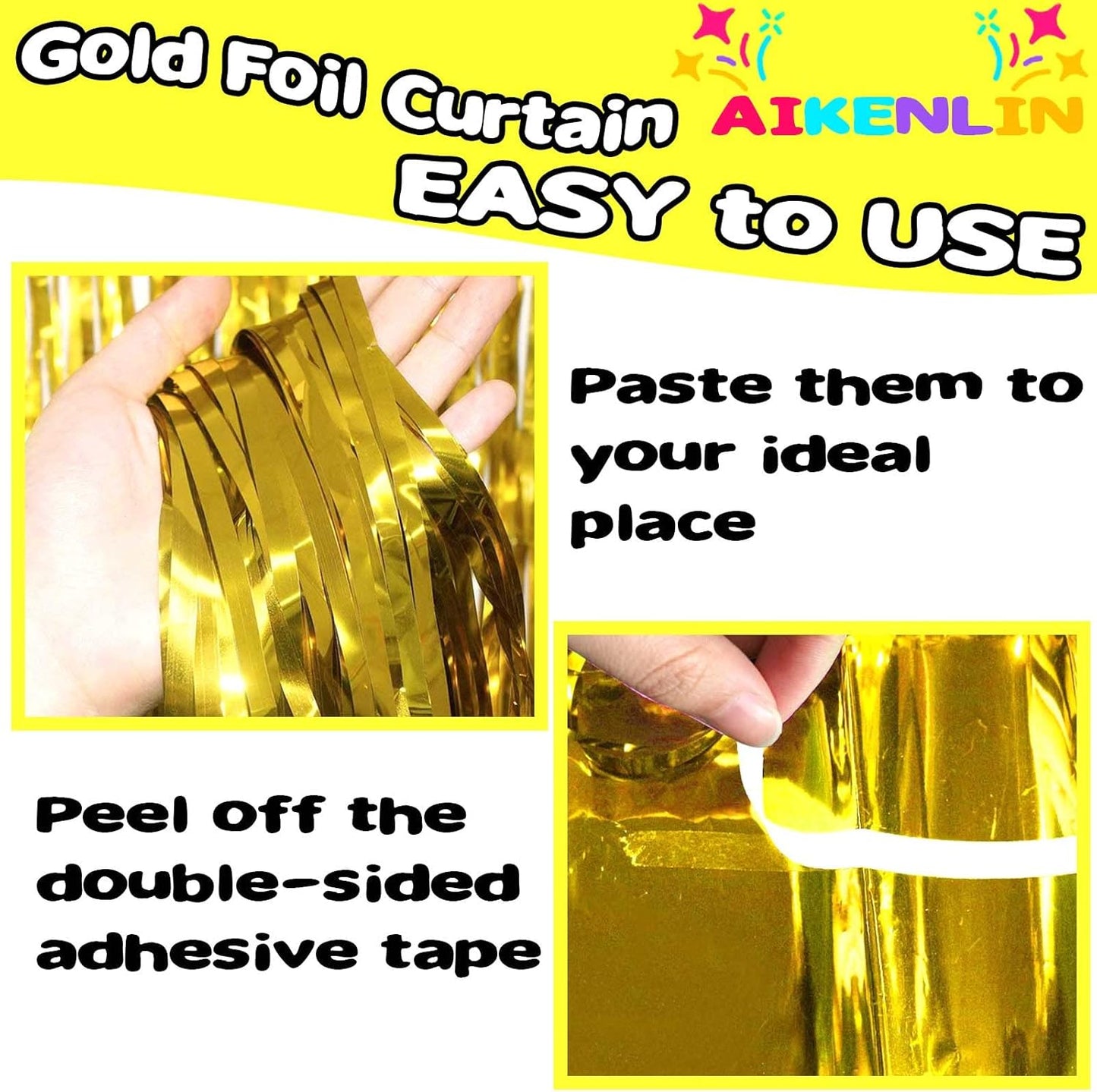 4 Pack 3.3Ft x 6.6Ft Gold Foil Fringe Curtain Backdrop, Metallic Tinsel Foil Fringe Streamers Curtains Background for Photo Booth, Birthday, Wedding, Halloween, Christmas Party Decoration