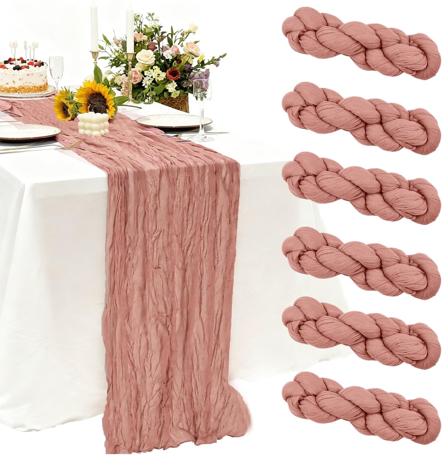 6 Pack Dusty Pink Cheesecloth Table Runner 120 Inch Boho Gauze Table Runner, Rustic Sheer Cheese Cloth Fabric Table Runners for Parties, Baby Shower, Birthday and Weddings