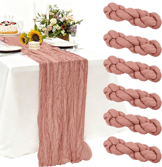6 Pack Dusty Pink Cheesecloth Table Runner 120 Inch Boho Gauze Table Runner, Rustic Sheer Cheese Cloth Fabric Table Runners for Parties, Baby Shower, Birthday and Weddings