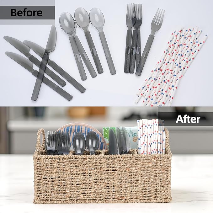 Wicker Party Silverware Caddy, Handwoven Seagrass Cutlery Utensil Holder with Handles, Kitchen Countertop and Picnic Flatware Organizer