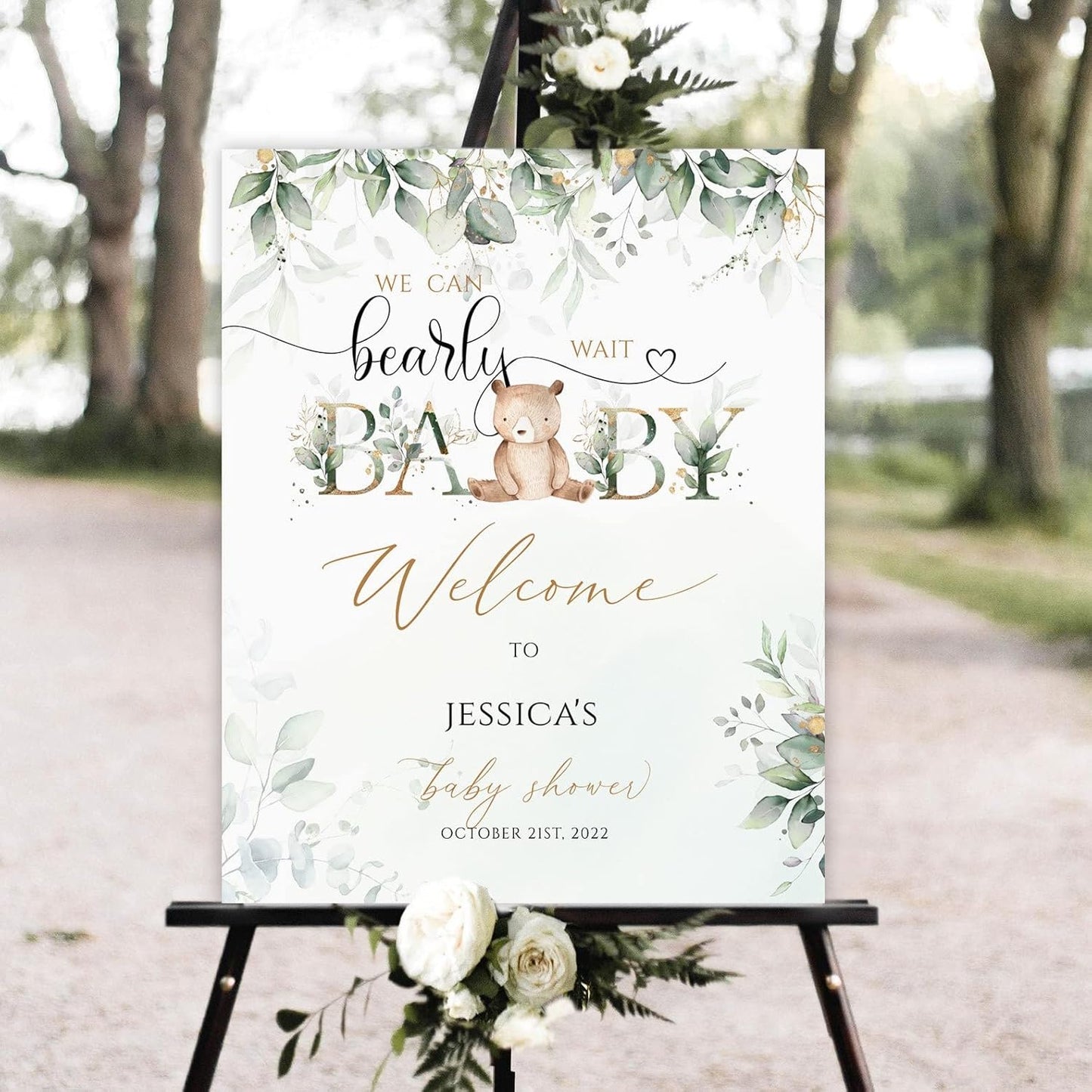 Personalized Teddy Bear Baby Shower Welcome Sign, Greenery Baby Shower Welcome Sign, Bear Baby Shower Sign Decoration.