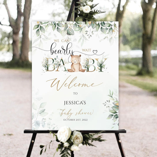 Personalized Teddy Bear Baby Shower Welcome Sign, Greenery Baby Shower Welcome Sign, Bear Baby Shower Sign Decoration.