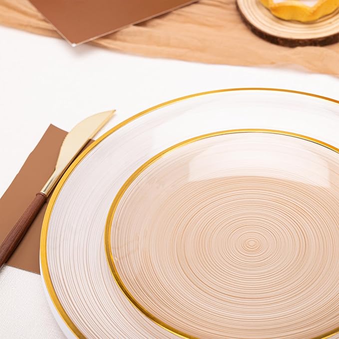 N9R 60 PCS Mocha Mousse Plastic Plates with Gold Rim, Elegant Disposable Plates, Circular Ribbed Design, 30 Dinner & 30 Dessert Plate for Parties, Weddings, Banquets and Events