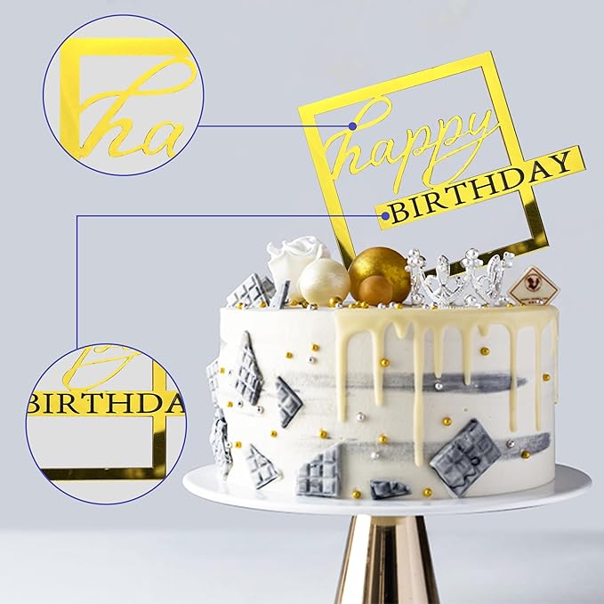 15 PCS Happy Birthday Cake Toppers Acrylic Mirror Inserts for Cakes Cupcakes Desserts 15 Styles 8 Colors