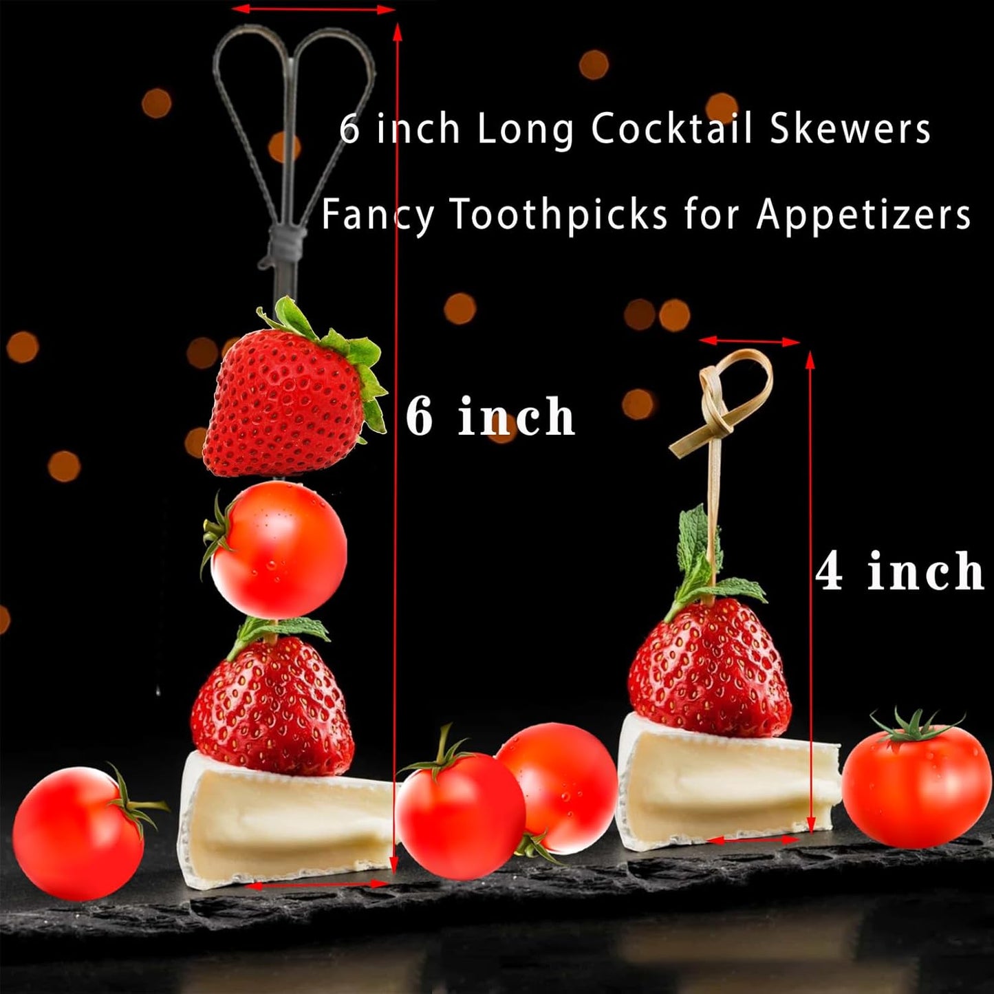 100 Pcs Bamboo Cocktail Picks, Skewers for Appetizers, Charcuterie Accessories, Heart Shaped Bamboo Sticks, Toothpicks for Appetizers Picks, Long Cocktail Toothpicks - Black, 6 Inch