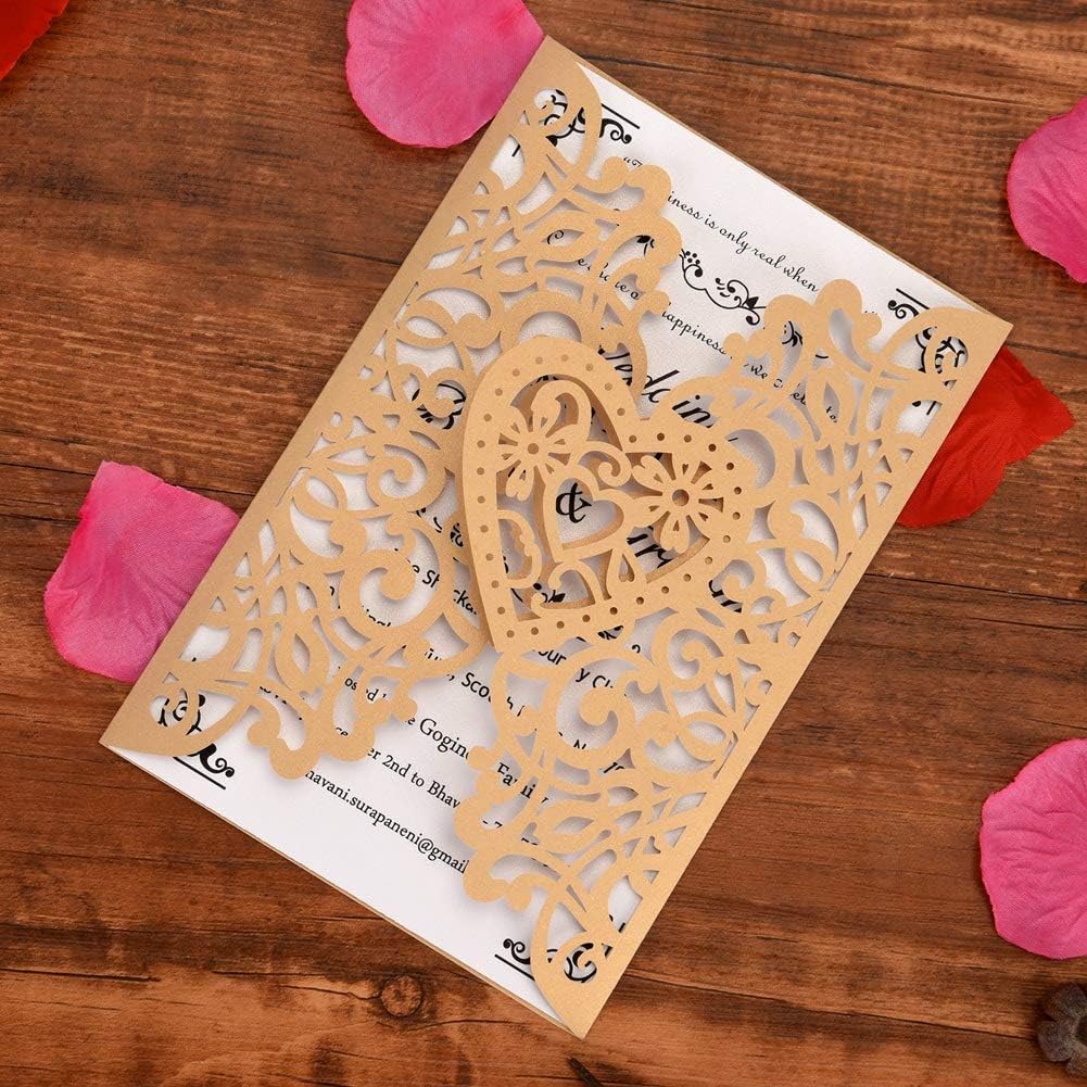 FOMTOR Gold Laser Cut Wedding Invitations Kits 50 Packs Laser Cut Wedding Invitations with Blank Printable Cards and Envelopes for Birthday Parties Baby Shower