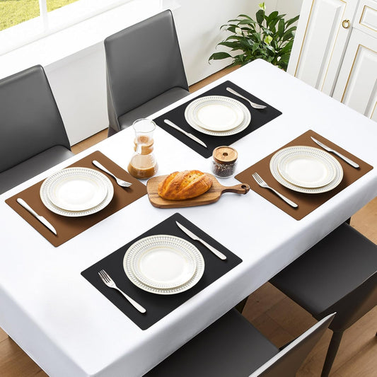 MOSAYT Vinyl Placemats Set of 4, Heat Resistant Place Mats 100% Waterproof Washable & Wipeable Faux Leather Reversible Table Mats for Kitchen Dining Party Indoor Outdoor, 12" x 17", Black/Brown