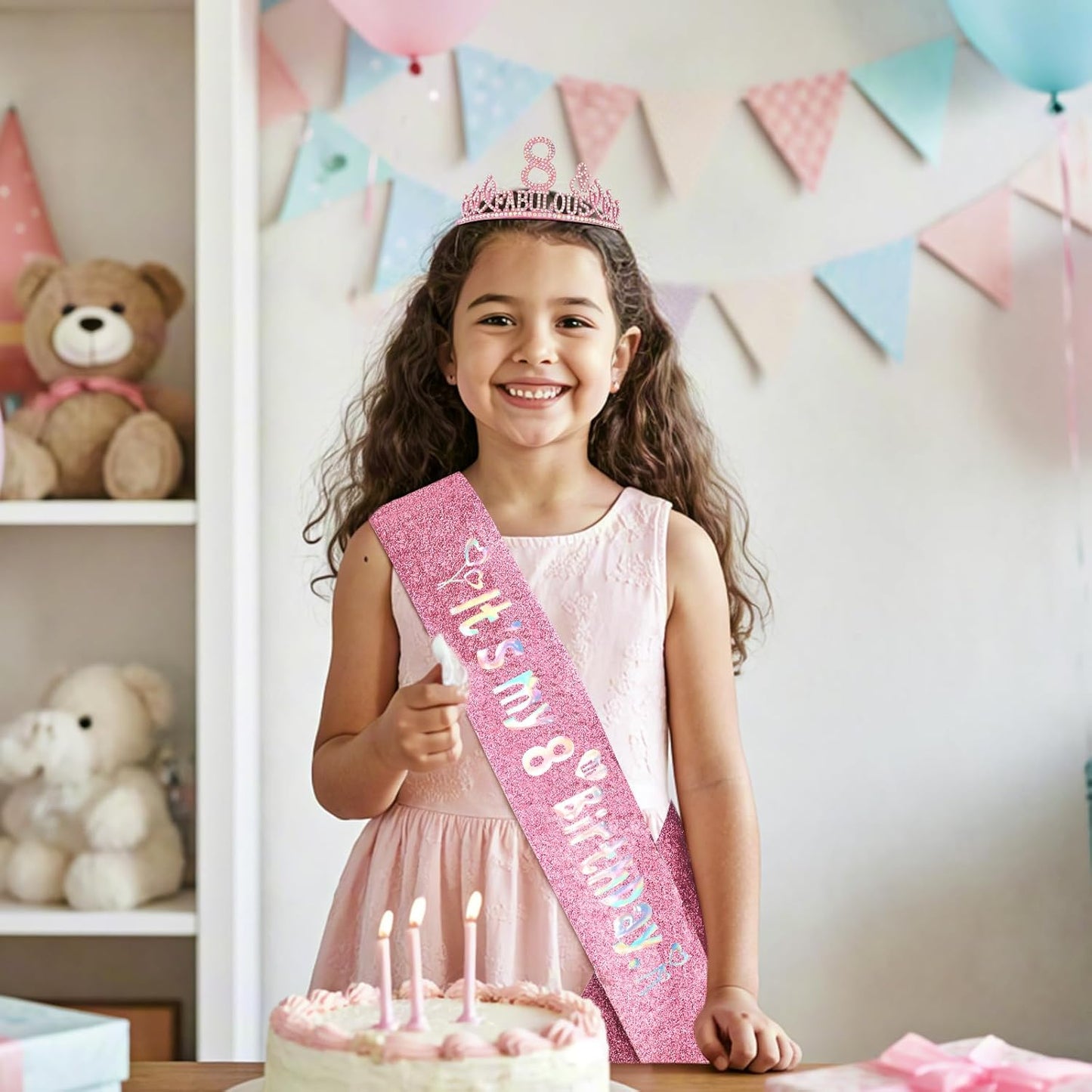 8th Birthday Decorations for Girls Set - Happy 8th Birthday Princess Crown and Glitter Sash, 8 Year Old Girl Tiara Party Decorations Supplies Outfit Accessory Gifts