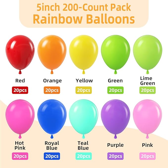 200pcs Rainbow Balloons Bulk, 5 Inch Small Latex Balloons Assorted Colors for Birthday Baby Shower Wedding Party Decorations