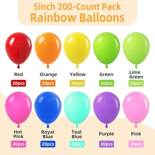 200pcs Rainbow Balloons Bulk, 5 Inch Small Latex Balloons Assorted Colors for Birthday Baby Shower Wedding Party Decorations