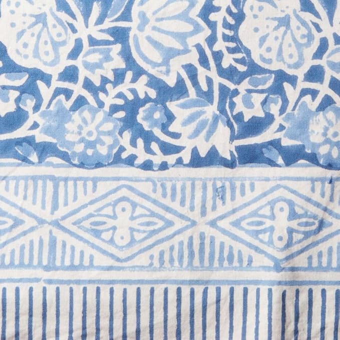 Block Print Cotton Dining Table Cloth, 90" x 60", Rectangle Tablecloth, Decorative Fabric Table Cover, Holidays, Thanksgiving, Christmas, Weddings, Housewarming Gift (White Blue Floral)