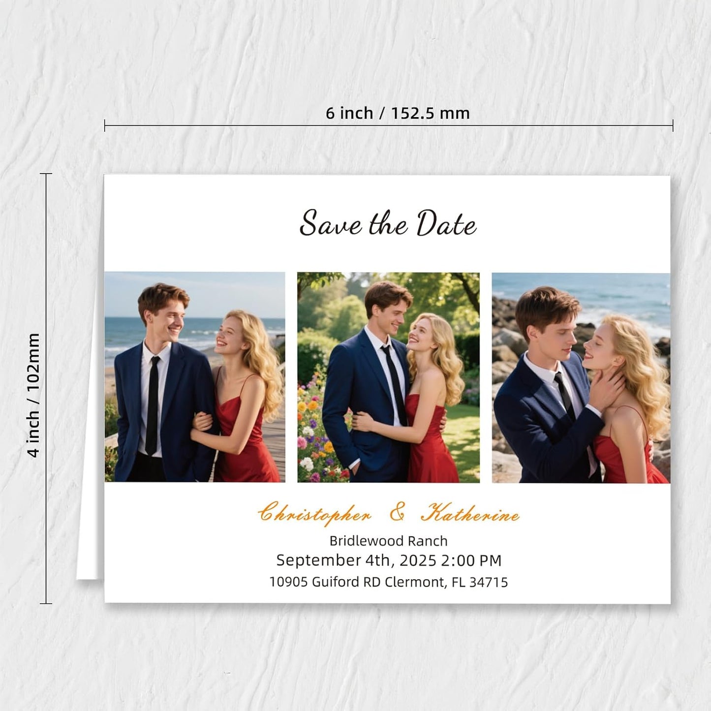 Personalized Save the Date Wedding Invitation Card with Photo 4x6inch 350GSM Papers and Envelopes, Custom Thank You card for Weddings, Birthdays and Parties, 50pcs or more (Horizontal with 3 Photos)