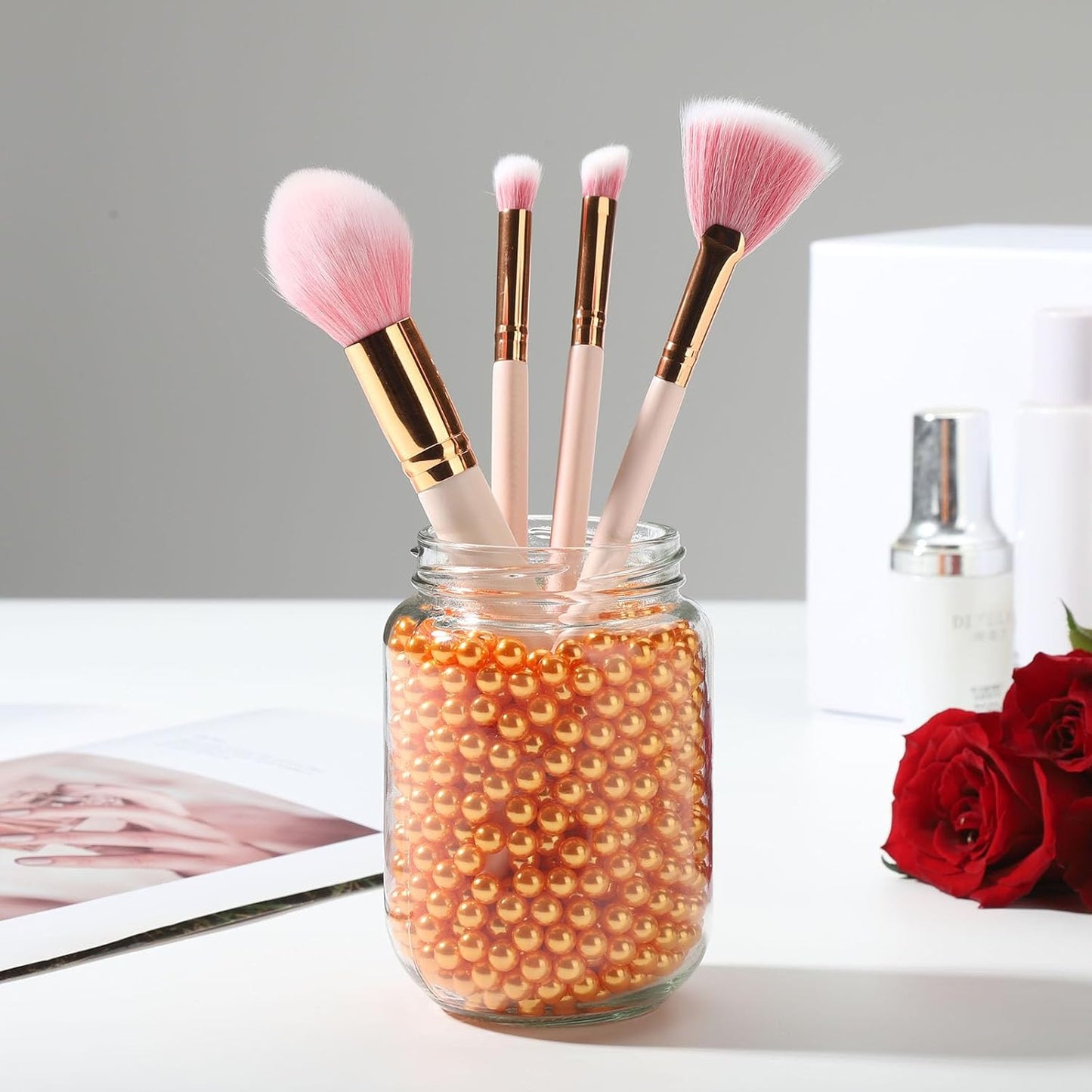 980pcs Undrilled Holeless ABS Faux Pearl Beads for Vase fillers, No Hole Round Pearls for Cosmetic Boxes, DIY Parts, Table Scatter, Wedding, Birthday Party Home Decorating (Orange, 8mm)