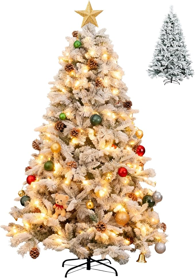 6Ft Warm Christmas Tree,Snow Flocked Artificial Hinged Holiday Christmas Pine Tree,Xmas Tree with 1100 Snow Flocked Branch Tips for Home,Office,Party Decoration
