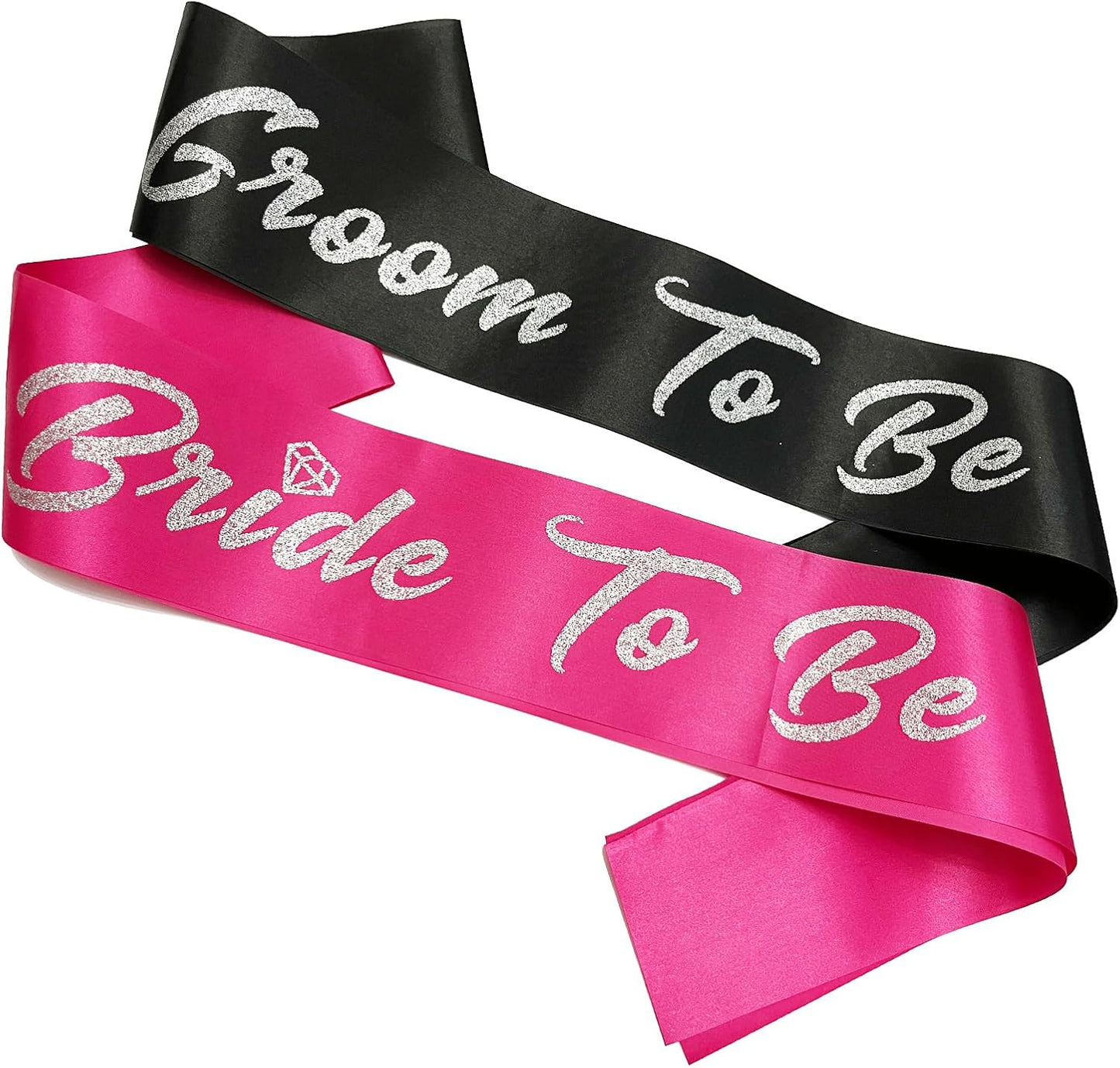 Bride and Groom to Be Sash Set, Black and Hot Pink Satin Soft Sashes with Silver Glitter Letter for Bridal Shower Engagement Bachelorette Party Decorations Supplies