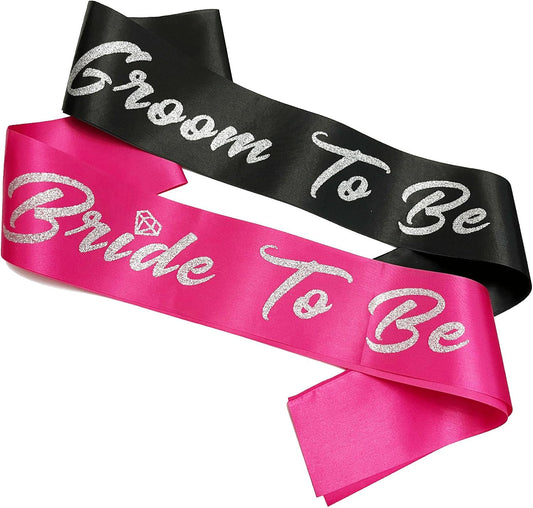Bride and Groom to Be Sash Set, Black and Hot Pink Satin Soft Sashes with Silver Glitter Letter for Bridal Shower Engagement Bachelorette Party Decorations Supplies