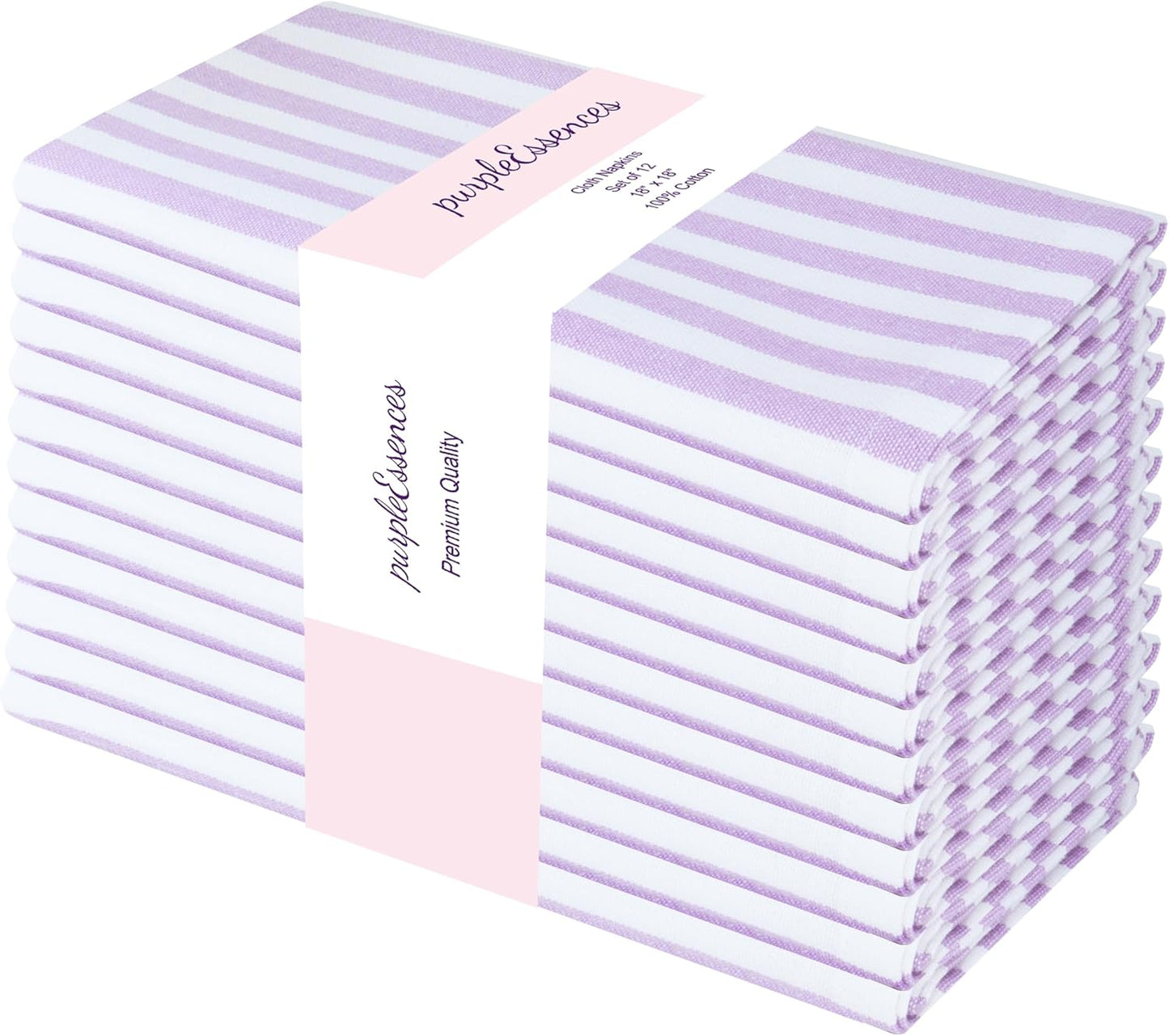 PurpleEssences Plain Striped Cloth Napkins - Set of 12-100% Cotton - 18 x 18 Inch - Fall Thanksgiving - Perfect Everyday Use Dinner Napkin - Lavender White