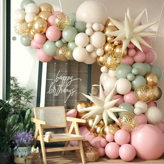Sage Green Pink Balloon Arch Garland Kit, Sage Green Pink Sand White Beige Balloons with Gold Confetti Balloon Star Balloons for Jungle Safari Bridal Baby Shower Birthday Party Decoration
