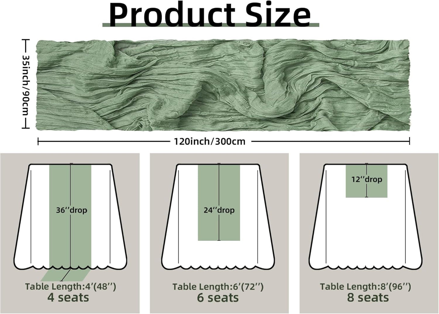 FEXIA Cheesecloth Table Runner Sage Green for Woodland Baby Shower Bridal Wedding Decoration Gauze Rustic Table Runner for Party First Communion Centerpiece Engagement 35x120 Inches
