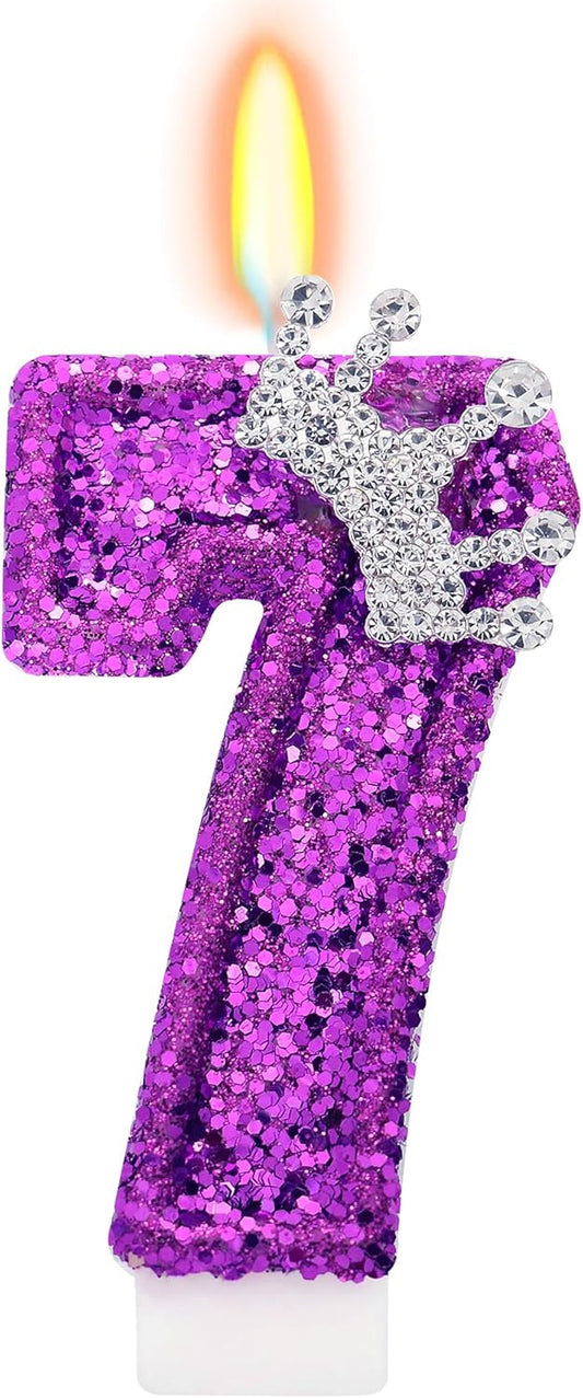 Purple Crown Number 7 Candle, Kpop Birthday Decorations, 2.76 inch Crown Cake Topper for Princess Birthday Party Supplies