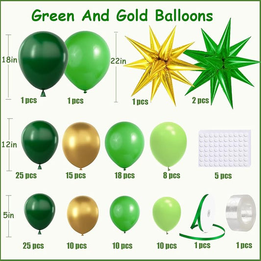 KARLURE Green and Gold Balloon Garland Arch Kit with Stars, Different Sizes Emerald Dark Pastel Green Gold Balloons for Birthday Party 2026 Graduation Decorations Jungle Green Party Decorations