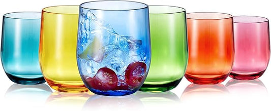 14-ounce Plastic Stemless Wine Glasses, All Purpose Arcylic Glasses, set of 6 Multicolor Reusable Shatter-resistant Dishwasher Safe