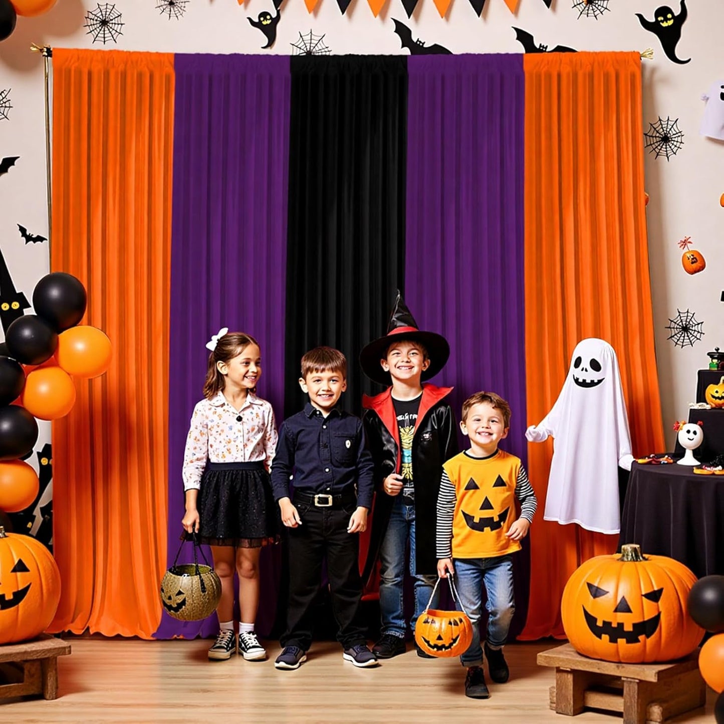 Halloween Backdrop Curtain,10×7ft Black Orange Purple Party Background Decor for Spooky Parties Photo Booths Home Haunted House Reusable Holiday Wall Decoration for Adults Teens