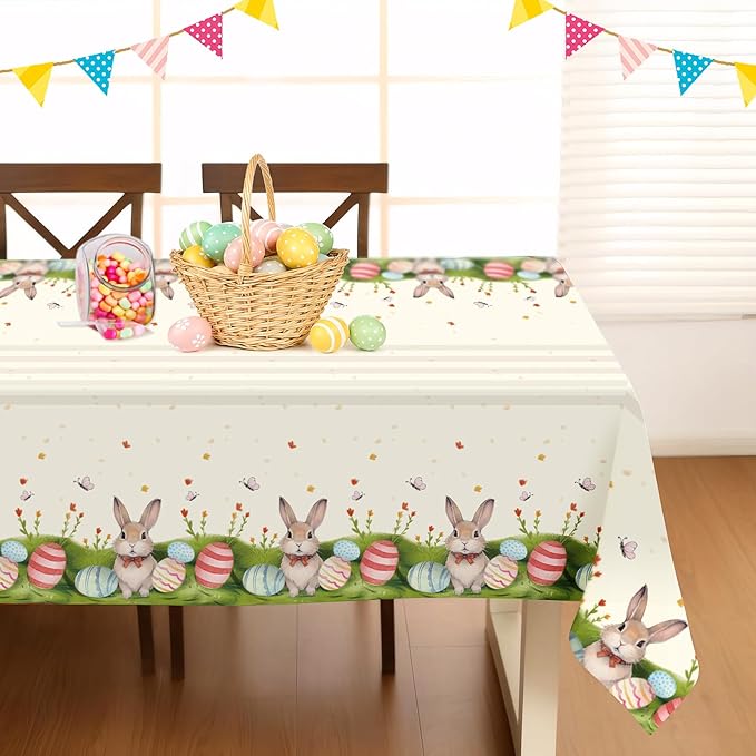 Childom 3 Pack Easter Decorations Easter Tablecloths Disposable Plastic Tablecloths 54"x108" Bunny Table Cloths Rectangle Tables for Party Supplies,Holiday Table Covers for Home Dinner Outdoor Picnic