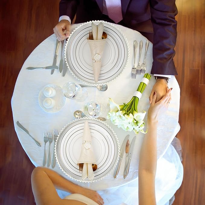 Tioncy 12 Set Clear Charger Plates with Napkin Rings 13 Inch Plastic Round Charger Plates with Bead Rim Dinner Table Decor for Christmas Holiday Party Wedding Tabletop Decoration(Rose,Silver)