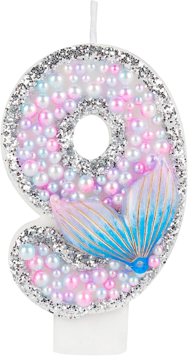 Glitter Mermaid Tail Birthday Candles, Happy 9th Birthday Cake Topper, Mermaid Themed Party Decor
