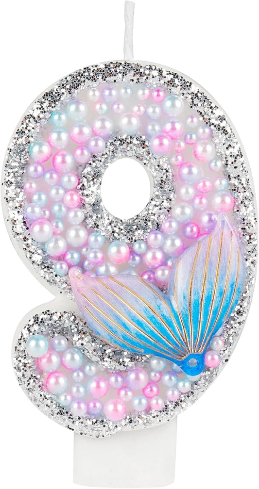 Glitter Mermaid Tail Birthday Candles, Happy 9th Birthday Cake Topper, Mermaid Themed Party Decor