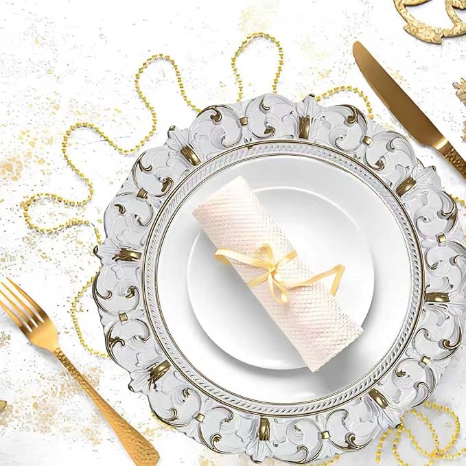 6 Pack White Charger Plates 13" Round Charger Plates for Dinning Plates with Embossed Rim Plastic Charger for Dinner, Wedding, Elegant Tableware Decor