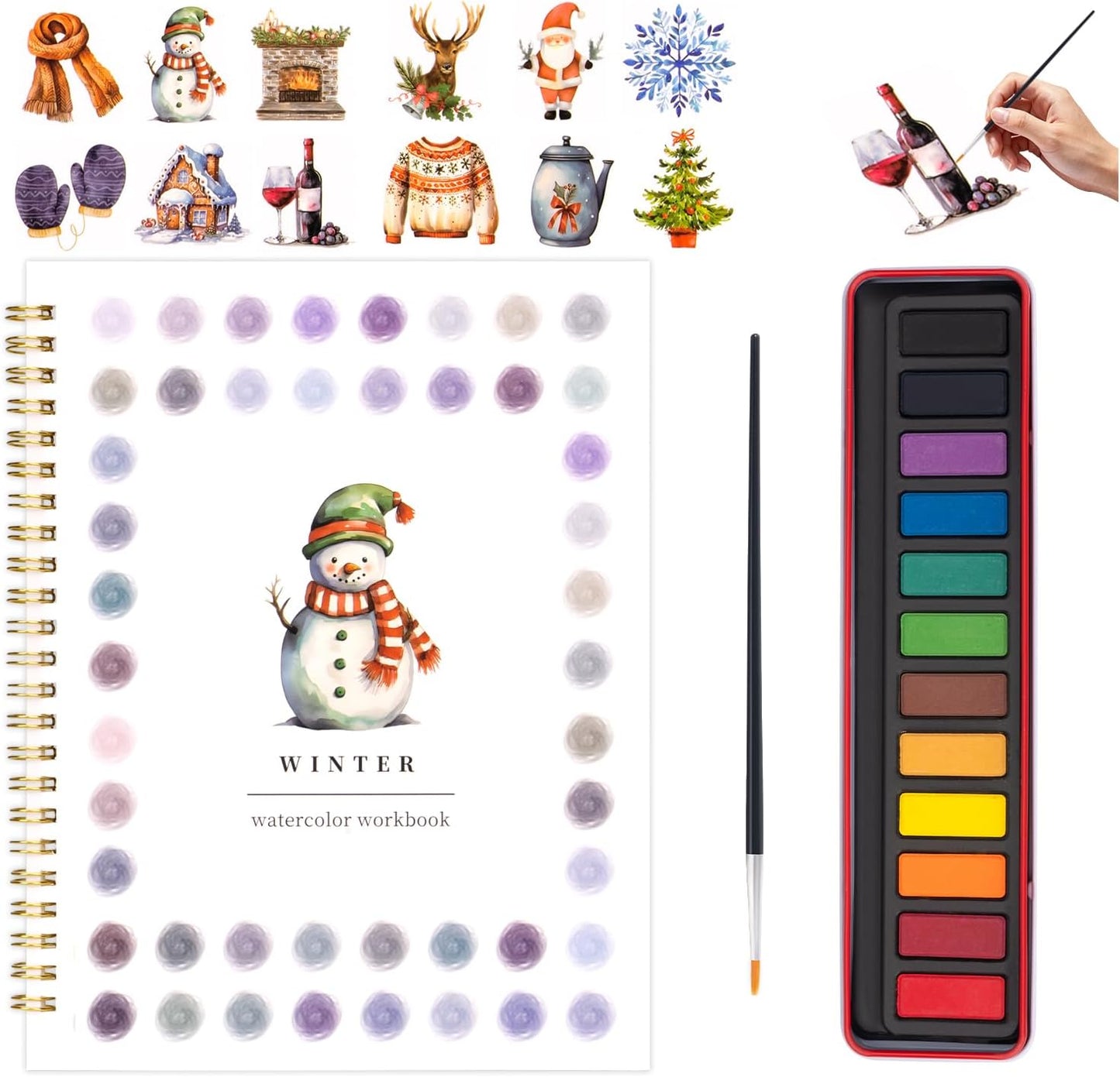 Kivzex Christmas Watercolor Workbook for Adults, Beginner Friendly Watercolor Painting Kit Winter Water Coloring Book, Nature-Themed Practice Art Gift Water Color Paint Book with Palette and Brush