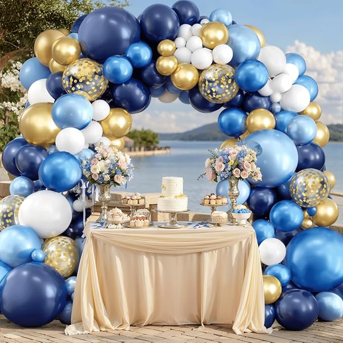 Navy Blue and Gold Balloons Arch Kit, Blue and White Balloon Arch Kit with Metallic Dark Light Blue Gold Conftti Balloons Garland for Graduation Birthday Party DIY Decoration