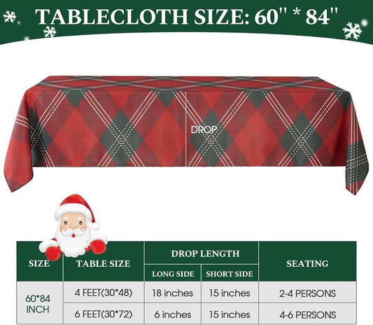 Christmas Tablecloth Rectangular 60x84 Inch Waterproof, Machine Washable Checkered Polyester Table Cover for Xmas Party, Winter Holiday Home Decoration in Festive Checkered Green 1pack