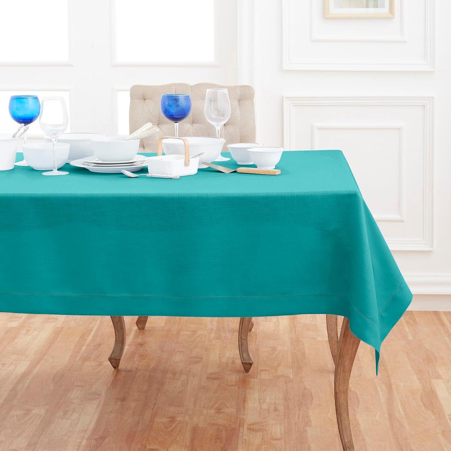 Solino Home Linen Tablecloth 54 x 72 Inch - Classic Hemstitch 100% Pure Linen Teal Table Cloth for Rectangle Tables - Machine Washable Tablecloth for Fall, Autumn