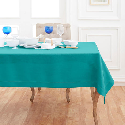 Solino Home Linen Tablecloth 54 x 72 Inch - Classic Hemstitch 100% Pure Linen Teal Table Cloth for Rectangle Tables - Machine Washable Tablecloth for Fall, Autumn