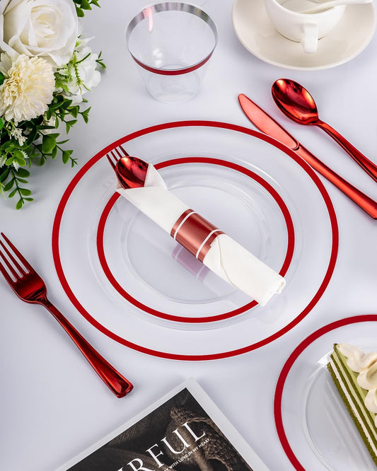 350PCS Plastic Plates for Party, Disposable Clear Red Dinnerware Sets for 50 Guests,100 Plastic Plates, 50 Cups,50 Pre-Rolled Napkins with Cutlery for Party, Thanksgiving, Christmas, Wedding