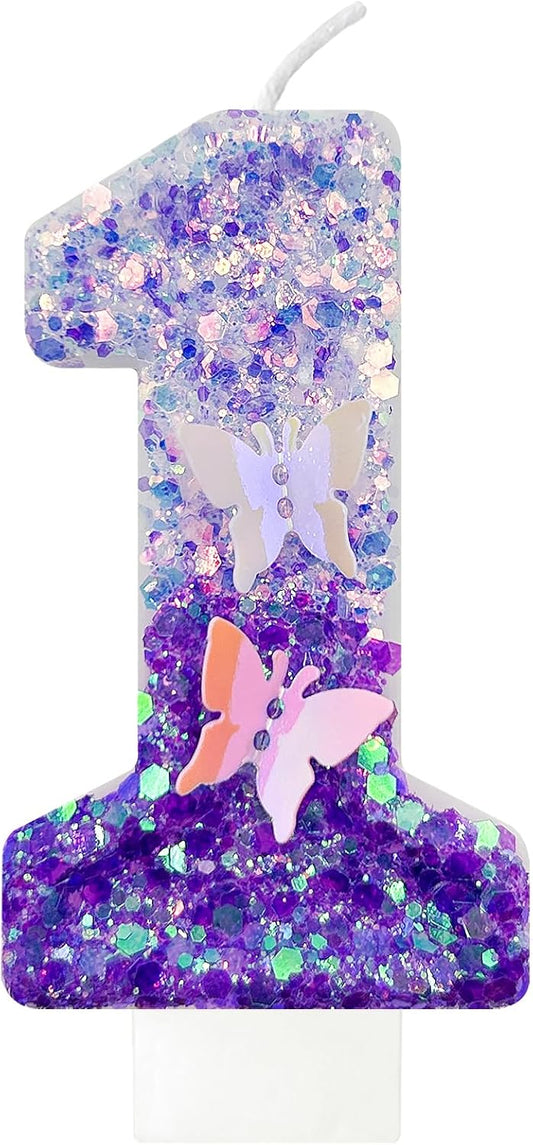 1Th Birthday Candle for Cake，Butterfly Cake Toppers，Butterfly Birthday Decorations，Purple Birthday Candles，for Birthdays,Theme Parties, Celebration, Anniversary