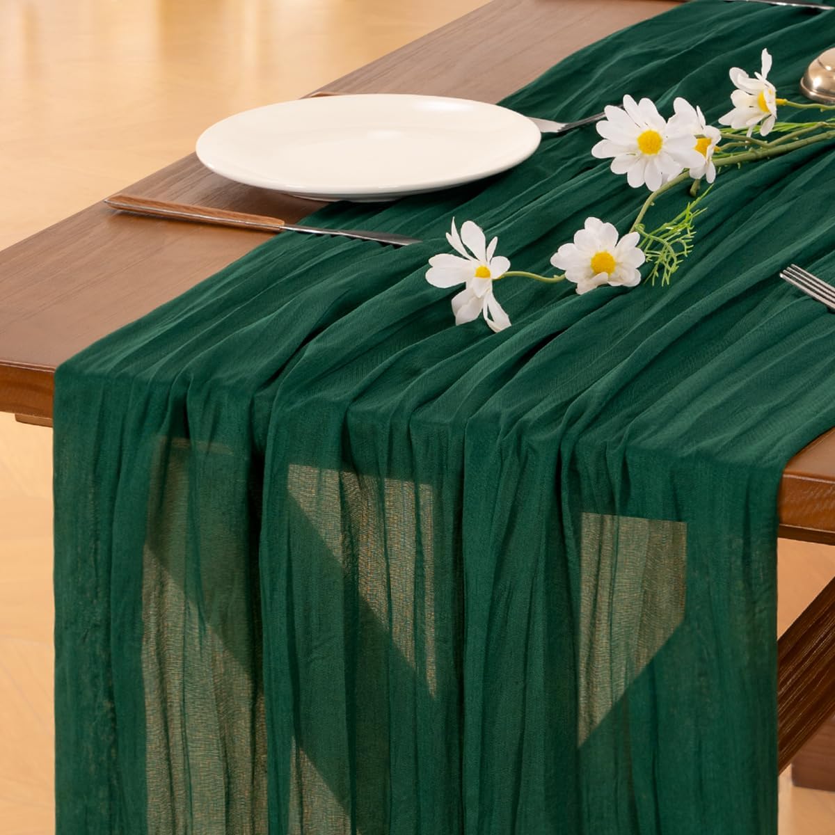 Socomi 3pcs Emerald Green Cheesecloth Table Runner Fall Thanksgiving Boho Rustic Gauze 120 inch 10FT Cheese Cloth Runner for Wedding Party Baby Shower Birthday Home Decor Holiday Decorations