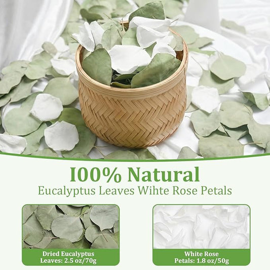 Eslibin 500+PCS Real White Rose Petals & Natural Eucalyptus Leaves, 4.23oz (120g) – Freeze Dried Flower Petals Confetti for Wedding Flower Girl Toss, Aisle Runner, Table Scatter, Bridal Shower Decor