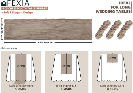 FEXIA 3 Pack Nude Table Runner 35x120 Inches for Baby Shower Decoration Gauze Rustic Table Runner for Wedding Party First Communion Centerpiece Engagement Bridal Shower Boho Decoration