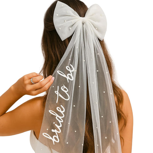 Bride to Be Bow Veil with Pearls, TWPER White Bridal Hair Bow Clip with Veil for Bachelorette Party, Bridal Shower, Wedding Morning, Engagement Photo Accessory