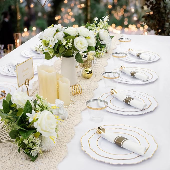 Liacere 175pcs Gold Plastic Plates - White and Gold Disposable, 50PCS Plastic Dinner Plates, Perfect for Wedding & Party & Holiday & Mother's Day & Easter Day