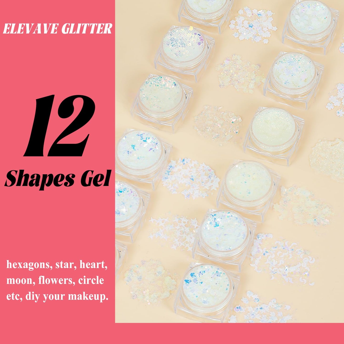 Body Glitter Face Glitter, Hair Glitter for Kids, 12 Shapes Fine Chunky Glitter Gel for Women Girls Makeup Sparkles Party Mermaid Sequins Rave Accessories Singer Concerts Festival (12 Colors)